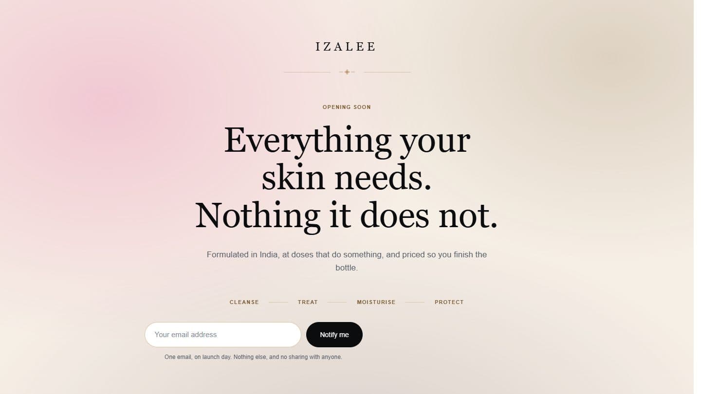 Izalee launch page — soft blush and ivory skincare brand with an early-access email form