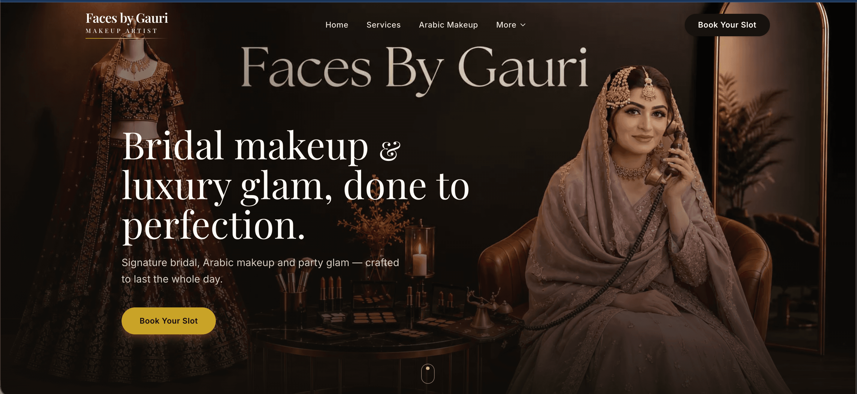 Stylised preview of the Faces by Gauri homepage — dark, editorial, bridal makeup studio site