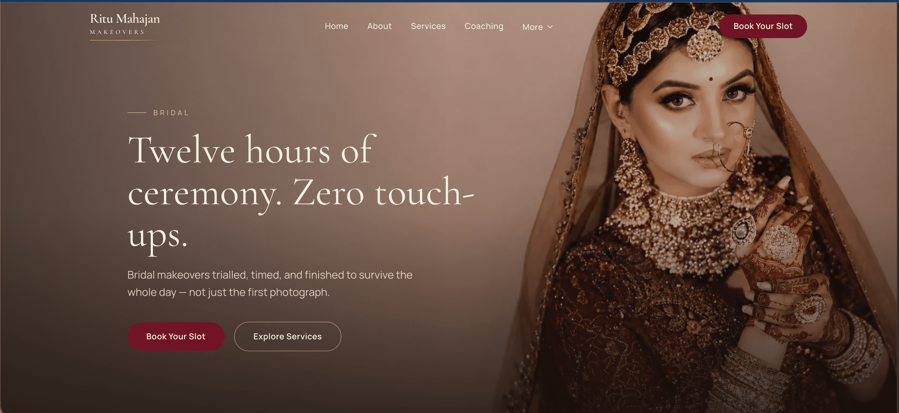 Stylised preview of the Ritu Mahajan Makeovers homepage — deep maroon bridal studio site